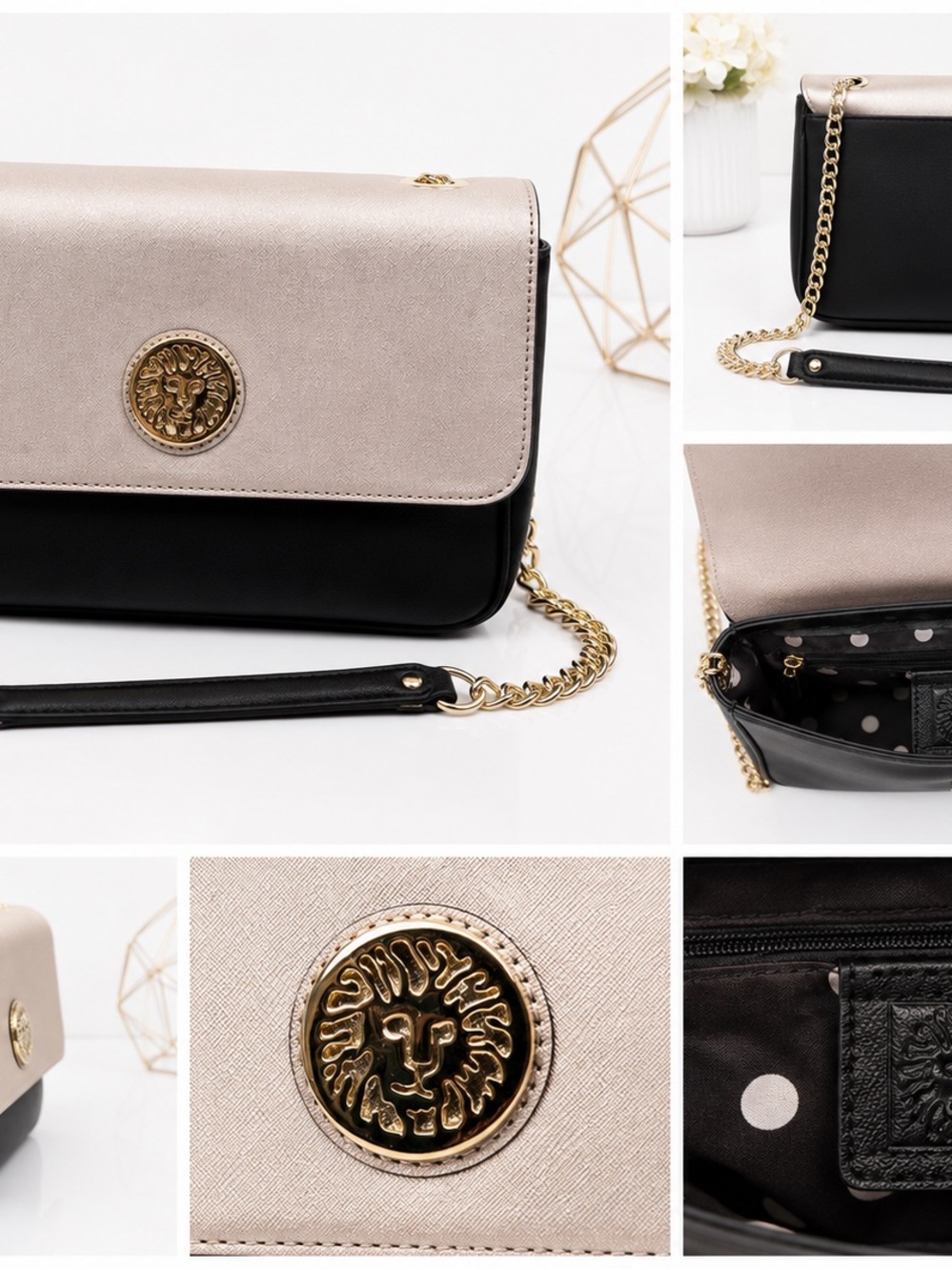 Lion Emblem Two-Tone Crossbody Bag in Champagne and Black
